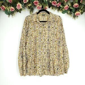 Eddie Bauer Floral Pleated Front Button-Up Long Sleeve Blouse Large